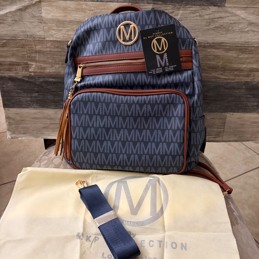 MKP Collection M Marco Navy Blue Monogram Backpack Vegan Leather Gold Hardware